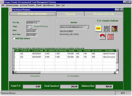 Accounts Payable Purchases Screen