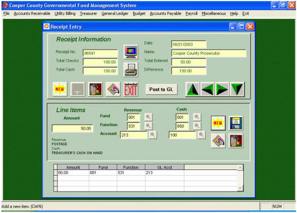 General Ledger Receipt Entry