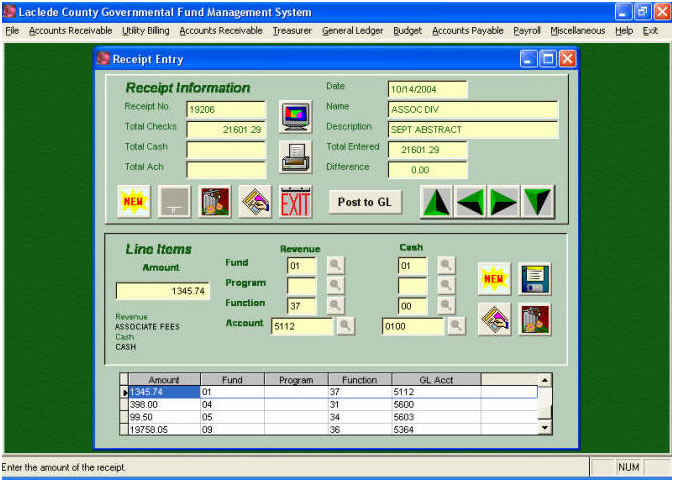 Treasurer Receipt Entry Screen